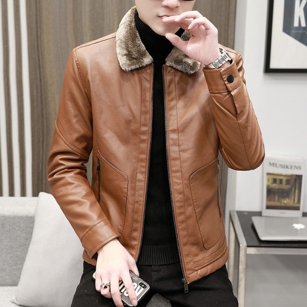 Winter New Men's Leather Jacket PU Middle-Aged Lapel Jacket Casual Jacket Fur Integrated Men's Leather Jacket Dad's Outfit