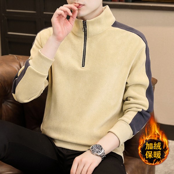 American Half Zip Panel Sweater Men's Plush And Thickened Autumn/Winter Fleece Fleece Mock Neck Loose And Warm Coat