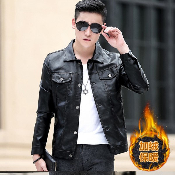 Motorcycle Suit, Men's PU Leather Jacket, Youth Trend Lapel, American Style Jacket, Winter Plush, Cold Resistant Men's Casual Jacket