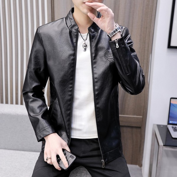 Men's Jacket With Plush And Thickened Leather, Youth Standing Collar Jacket, Casual Leather Jacket, PU Leather, Autumn And Winter Short Jacket, Men's Jacket