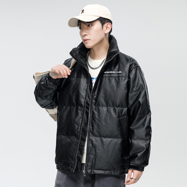 PU Leather Standing Collar Down Jacket 2023 Winter New Warm White Duck Down Men's Down Jacket Korean Loose Casual Jacket